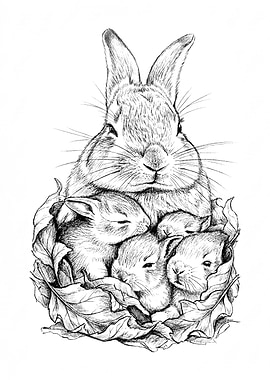 Mother Rabbit and Baby Bunnies Nursery Poster – Minimalist Baby Room Wall Art