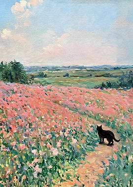 Black Cat in a Field of Flowers