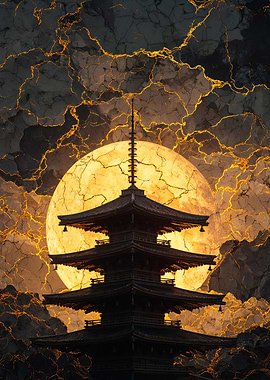 Golden Kintsugi Pagoda Moon Art