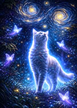 Magical Cat in a Starry Night Forest