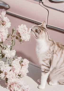 Cat smelling pink flowers by a car