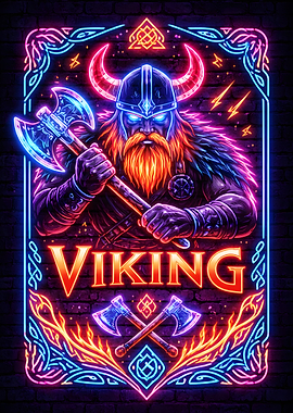 Neon Viking Warrior with Axes