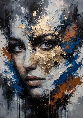 Fractured Elegance: A Portrait of Gold, Blue, and Emotion