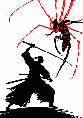 Samurai fighting a spider-like creature