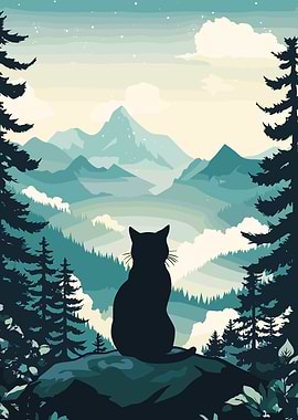 Black Cat Silhouette Overlooking Mountains