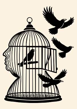 Freedom Mind Poster, Bird Cage Head Illustration Print, Minimal Conceptual Wall Art