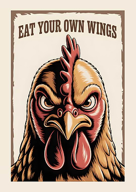 Angry Chicken with 'Eat Your Own Wings' Text