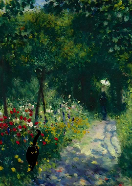 Black cat in a Monet garden
