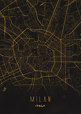Milan, Italy - Golden City Streets Map, Wall Art Print