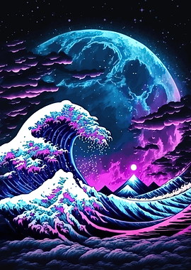 Cyberpunk Great Wave with Moon