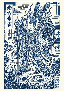 Guardian Deity with Phoenix and Flames