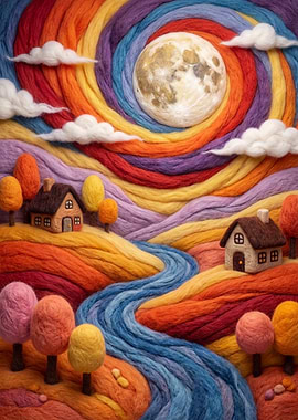 Whimsical Wool Landscape with Moon