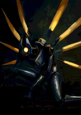 Crouching Robot with Glowing Eyes