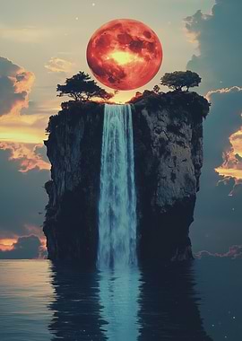 Surreal Island Waterfall Under Blood Moon