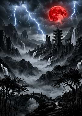 Dark Fantasy Landscape with Red Moon