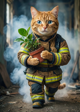 Firefighter Cat Rescues Plant