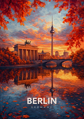 Berlin cityscape at sunset with autumn leaves