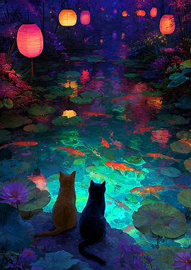 Fantasy Animal Cats Watching Koi Pond with Lanterns Glowing Forest