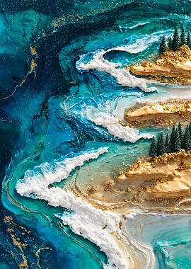 Ocean Waves Golden Island Painting