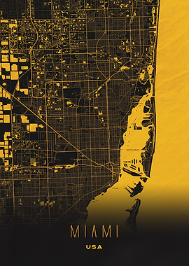 Miami, Florida - Golden Atlantic Coastline City Map, USA Wall Art Print