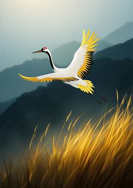 Crane In Flight Over Golden Grass
