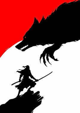Samurai warrior facing a wolf