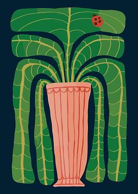 Pink Potted Plant Poster, Modern Botanical Wall Art, Ladybug Leaf Illustration Print