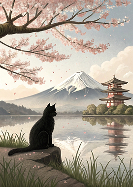 Black Cat by Mount Fuji