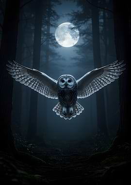 Owl flying in a moonlit forest