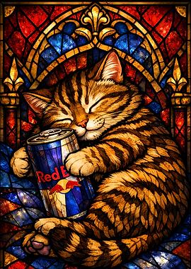 Cat Sleeping with Red Bull Can