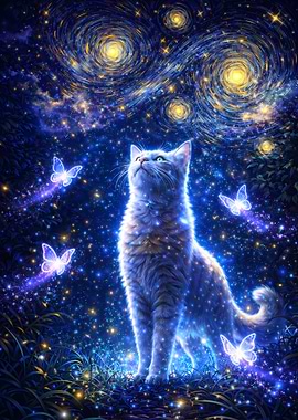 Cat Under Starry Night Sky