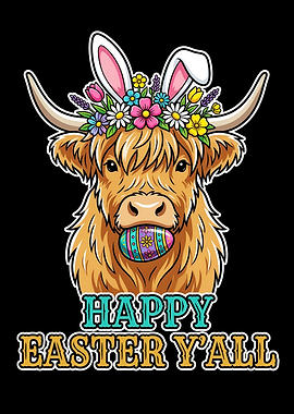 Happy Easter Yall Highland Cow With Floral Flower Crown