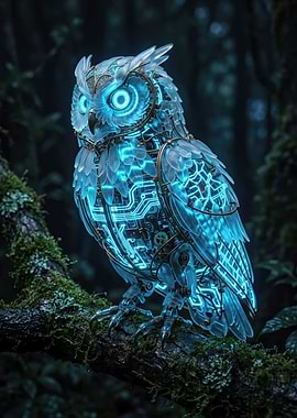 Cyberpunk Owl on a Mossy Branch