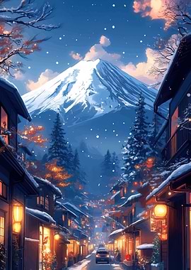 Snowy Japanese Village with Mount Fuji