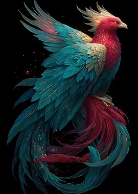 Majestic Phoenix with Teal and Red Feathers