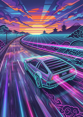 Retro DeLorean on a Neon Highway