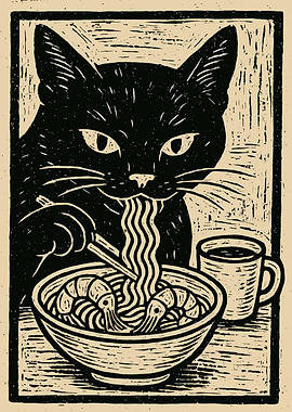 Black Cat Eating Ramen