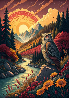 Owl in a Mountain Landscape
