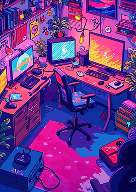 Vibrant Gamer's Room with Multiple Monitors