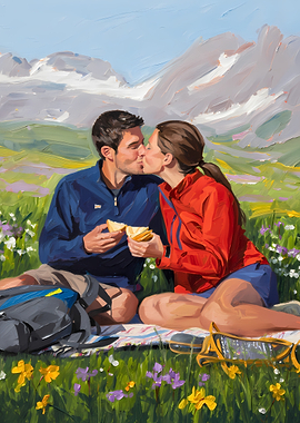 Couple kissing on a picnic in the mountains