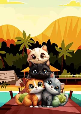 Cute Kittens Stacked on a Dock