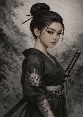 Samurai Woman with Fox Mask Kimono