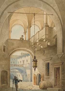 Courtyard with figures and architecture