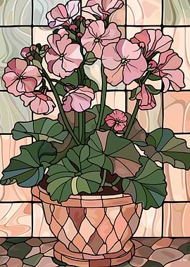 Stained Glass Pink Geraniums in a Pot