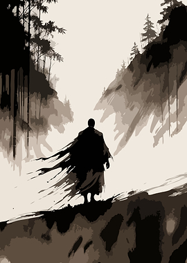 Lone figure in a misty landscape