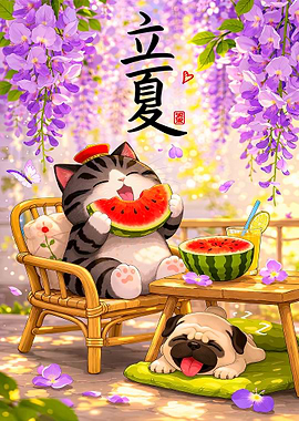 Cute Cat and Pug Enjoying Summer