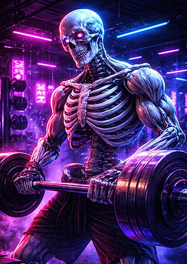 Meme Absurd Skeleton lifting weights in neon gym