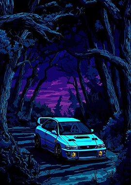Blue Subaru Impreza in a Dark Forest