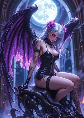 Sexy Anime Gothic Angel with Purple Wings