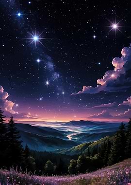 Starry Night Landscape Mountains